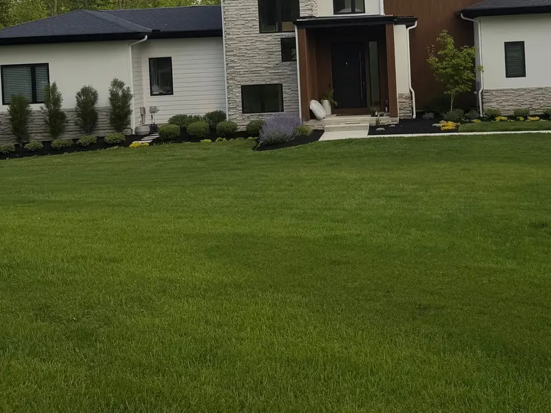 Foundation planting beds along a modern home with columnar evergreens, clipped boxwood, flowering perennials, dark mulch, and a crisp cut bed edge