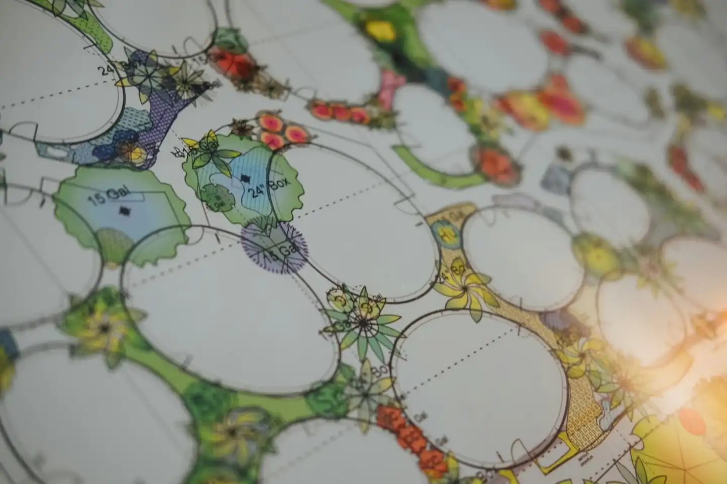 Landscape design plans laid out with drawing tools